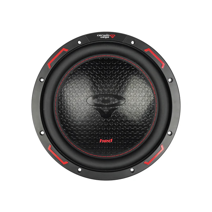The Cerwin Vega HED 2025 Edition Subwoofer (H10DV4) features a sleek black and red design, with a patterned cone, prominent center logo, circular frame with red accents, and branding at the top, using dual 4Ω voice coils for both aesthetic appeal and modern performance.